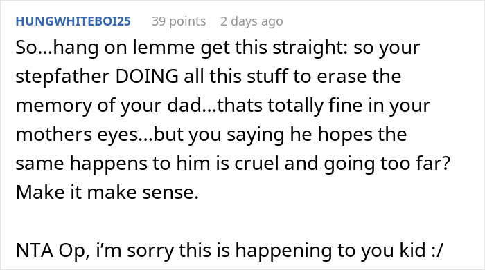 Comment discussing a stepfather trying to be a teen stepson's real dad and facing rejection and emotional conflict. - 35