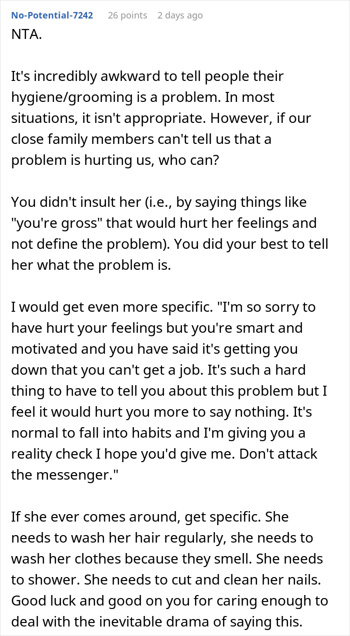 Screenshot of a forum comment offering a blunt reality check on personal hygiene linked to job challenges and sexism complaints.