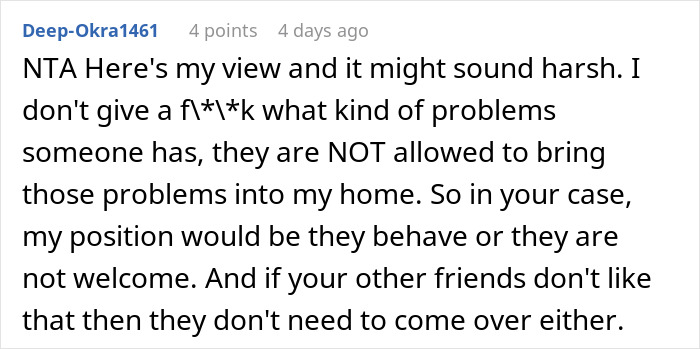 Comment discussing consequences after host kicks out friend's neurodivergent buddy for grabbing hearing aids.