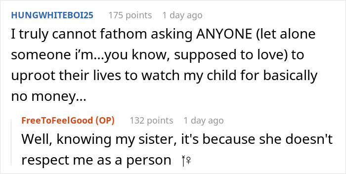 Screenshot of a Reddit conversation where a woman argues babysitters don&rsquo;t deserve a living wage, challenged by her sibling.