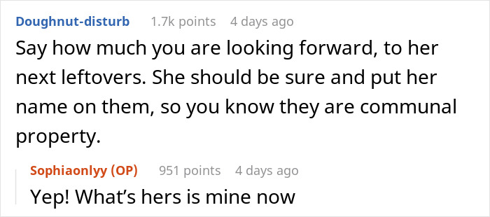 Reddit thread discussing leftover pasta theft leading a woman to buy a mini fridge with friends calling her too dramatic.