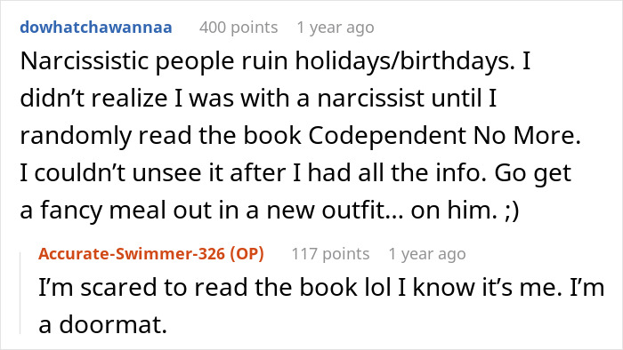 Screenshot of an online comment discussing a husband’s birthday surprise for wife leading to therapy after 19 years of marriage. - 15