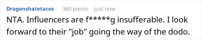 Comment on social media criticizing self-proclaimed influencer for filming SIL at birthday dinner and reacting negatively.