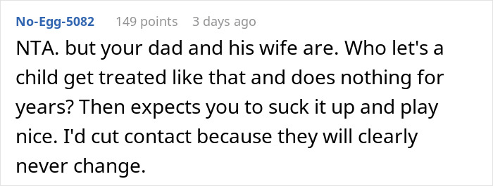 Comment from user No-Egg-5082 expressing support for a 20YO refusing family dinner after years of stepsibling rejection.