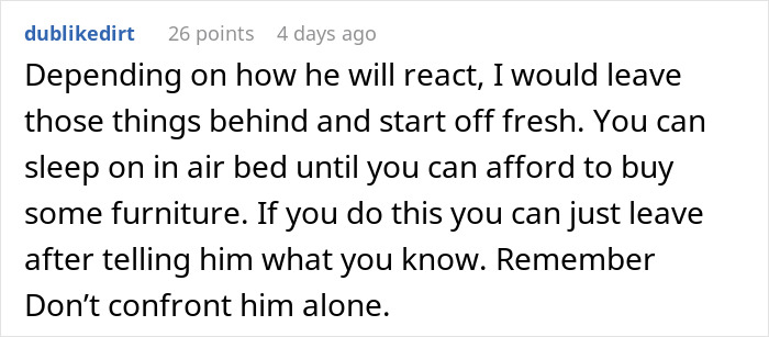 Comment discussing advice on leaving belongings behind and not confronting partner alone after a jealous freak-out incident.