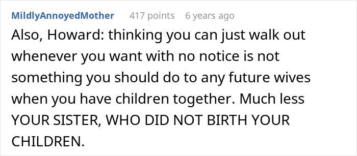 Comment from Reddit user MildlyAnnoyedMother discussing a man accusing his sister of refusing childcare duties.