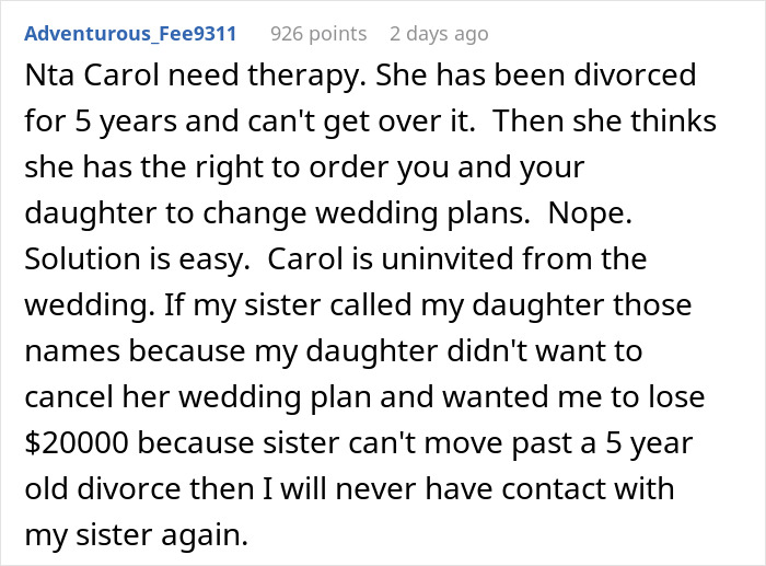 Comment discussing a woman refusing to cancel her daughter&rsquo;s dream wedding venue despite sister&rsquo;s cheating ex interference.