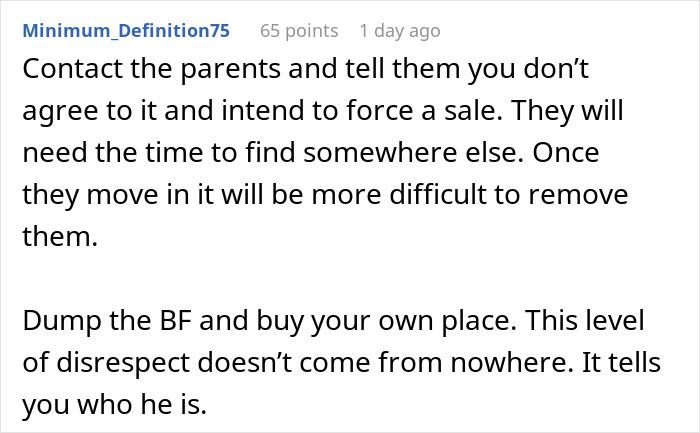 Text advice about dealing with parents secretly invited to stay, highlighting relationship conflicts with boyfriend and partner discomfort.