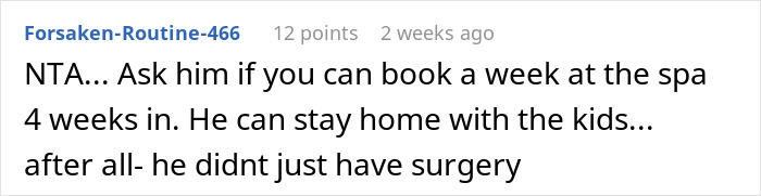 Comment from a user discussing a man asking wife&rsquo;s permission to travel alone after her scheduled C-section.