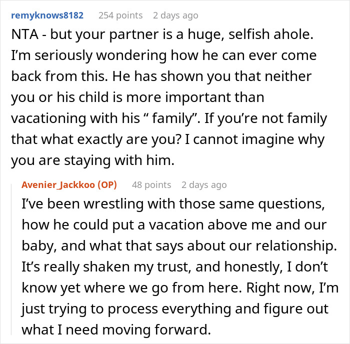 Reddit comments discussing a dad leaving for a sunny getaway while exhausted mom faces stitches, sleepless nights, and fever challenges. Reddit comments discussing a dad leaving for a sunny getaway while exhausted mom faces stitches, sleepless nights, and fever challenges.