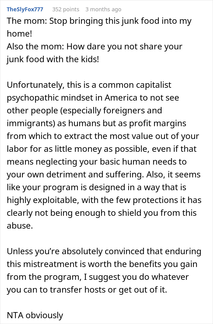 Comment discussing American family houses restricting food access for 19-year-old nanny from abroad.