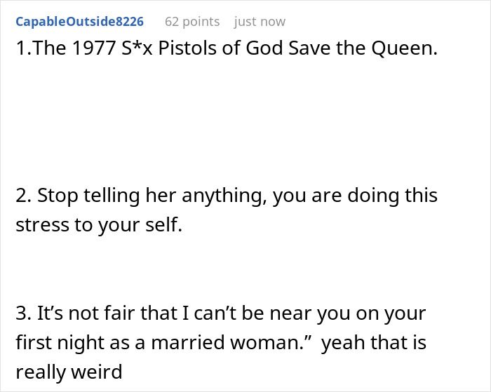 Text message conversation discussing a bride’s mom insisting on staying next door to the honeymoon suite, causing awkwardness. Text message conversation discussing a bride’s mom insisting on staying next door to the honeymoon suite, causing awkwardness.