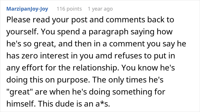 Reddit comment discussing relationship issues after husband’s birthday surprise leads to therapy. - 24