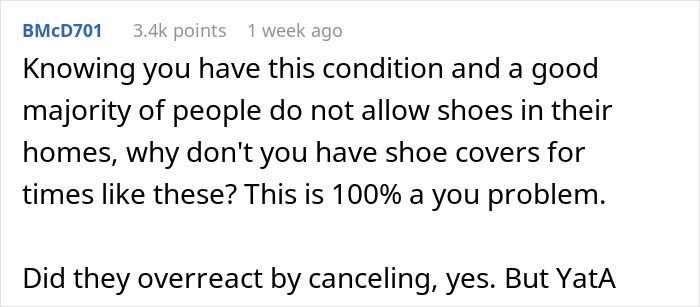 Screenshot of a discussion about a guy with a medical condition not removing shoes in a friend&rsquo;s house and related conflict.