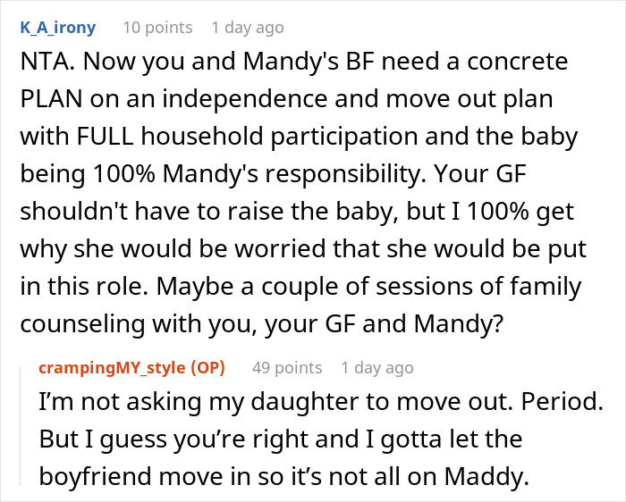 Reddit discussion about a GF laying down an ultimatum after a caring dad lets pregnant daughter move back home.