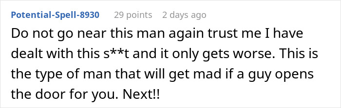 Screenshot of a Reddit comment warning about a jealous boyfriend who berates his girlfriend for being kind to a stranger.