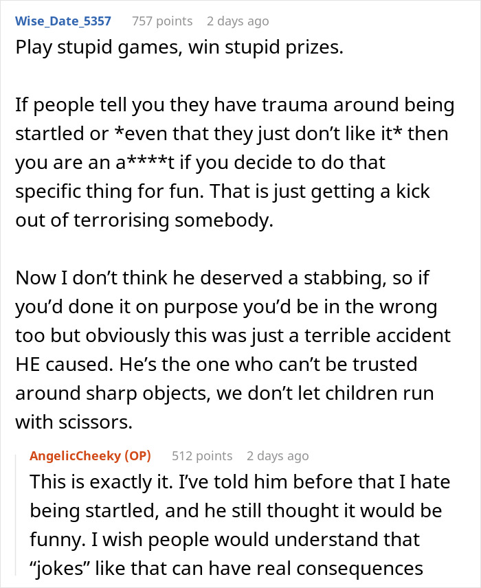 Online discussion about a prank gone wrong causing injury and sending a guy to the ER after a knife accident.