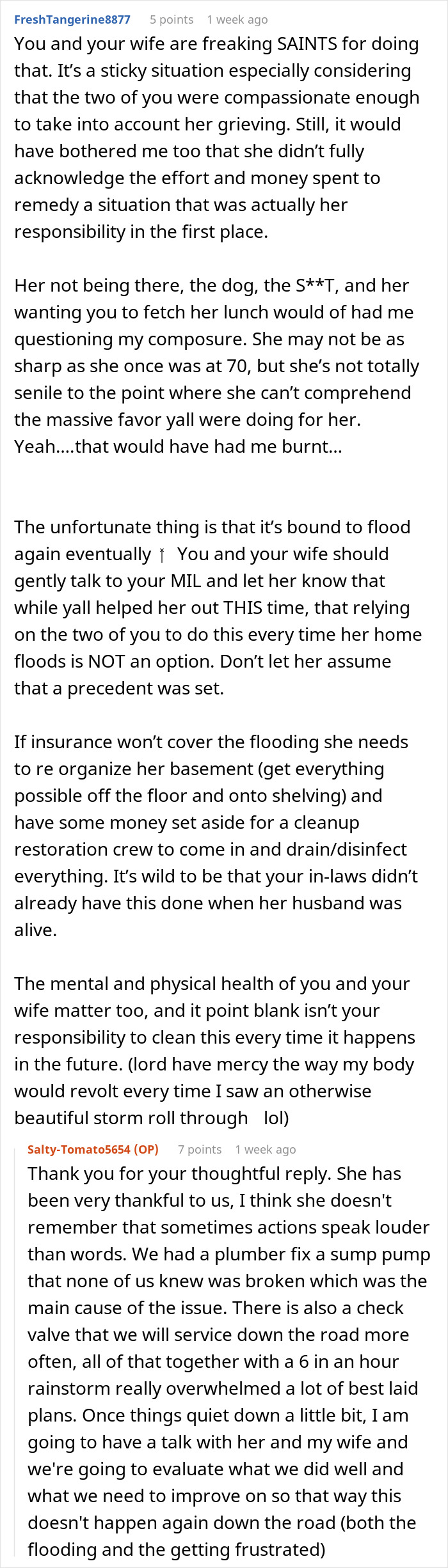 Reddit user comment discussing MIL skipping sewage disaster cleanup at home for salon, leaving couple to handle the smelly mess.