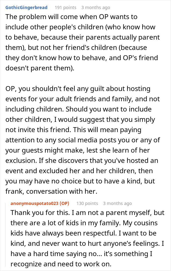 Text discussion about hosting childfree events due to issues with friend's rowdy kids and setting social boundaries. - 19