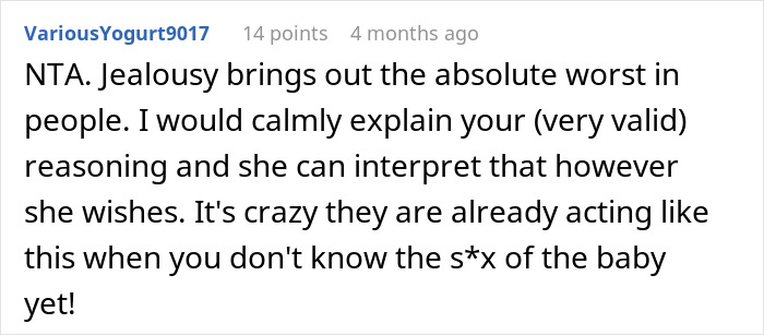 Screenshot of an online comment discussing jealousy and curiosity about a sister expecting a girl, from a mom of 6 boys. - 31