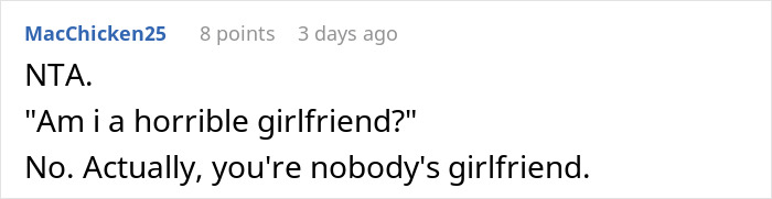Screenshot of an online comment discussing doubts in a relationship involving a man expecting special treatment from his girlfriend.