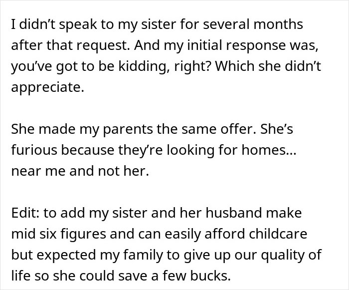 Text excerpt discussing a woman&rsquo;s harsh view on babysitters&rsquo; wages and her sibling&rsquo;s critical response.