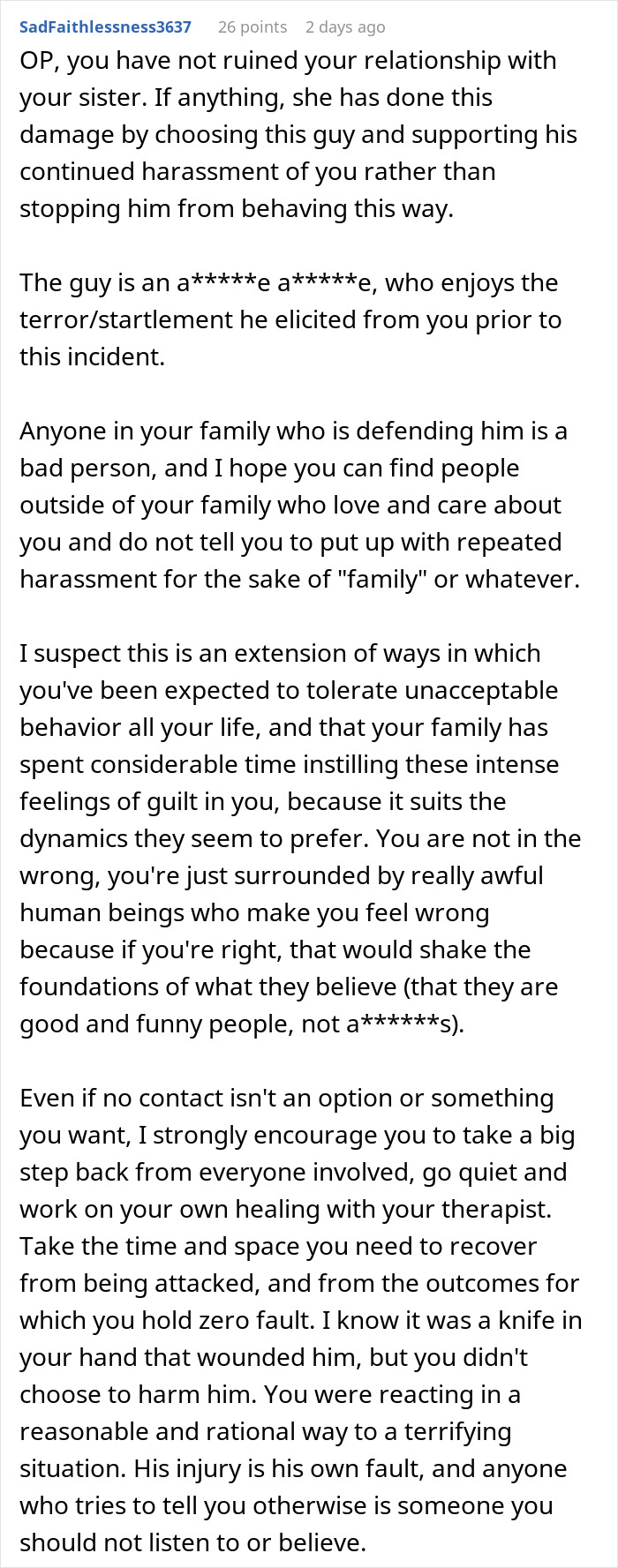 Comment explaining family harassment and healing advice after a knife slipped prank leads to an ER visit.