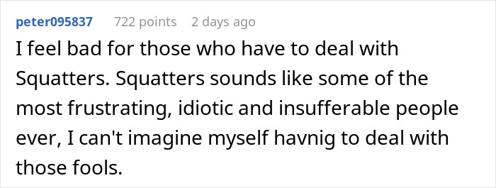 Screenshot of an online comment expressing frustration about dealing with squatters and their behavior.