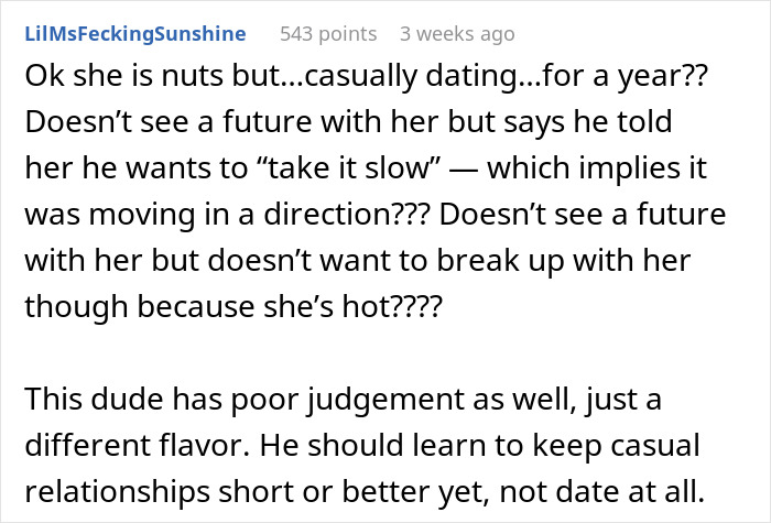Screenshot of a Reddit comment discussing a complicated casual relationship where the girlfriend got massive tattoo.