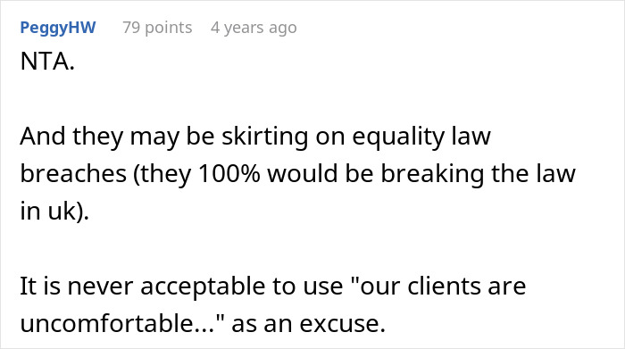 Screenshot of an online comment discussing equality law and refusing to change surname for American coworkers. - 27