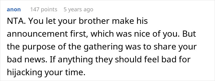 Screenshot of a Reddit comment discussing family support and drama after devastating news shared at a gathering.