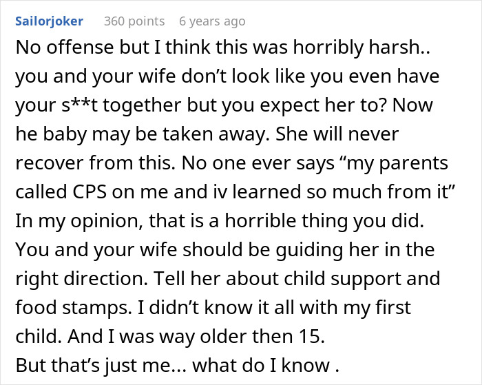 Comment expressing harsh feelings about a dad calling CPS on teen daughter and its impact on the family.