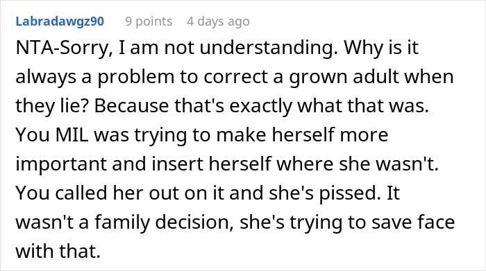 Screenshot of a comment about a woman correcting her mother-in-law over the claim of naming the baby.
