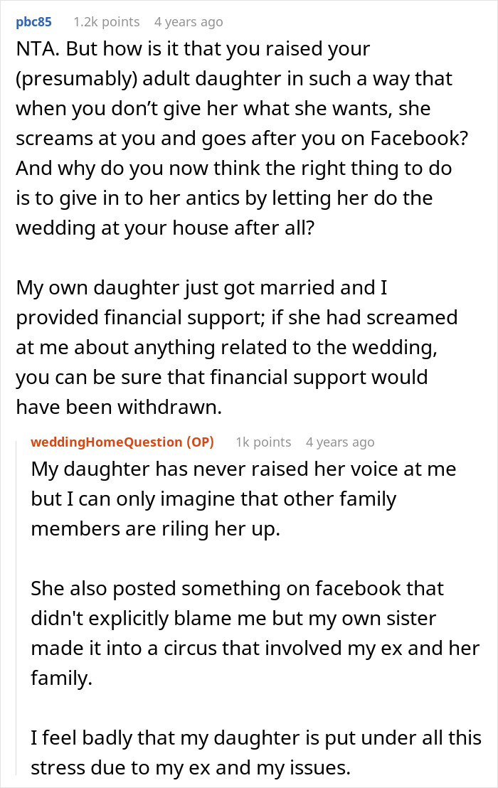 Reddit comments discussing a man refusing to let daughter get married in his yard, causing relationship strain.
