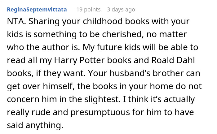 Comment excerpt discussing family conflict over giving kids Harry Potter books involving bigoted and hateful opinions.