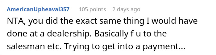 Husband dragging wife out of car dealership before she can show him the car she wants in frustration.