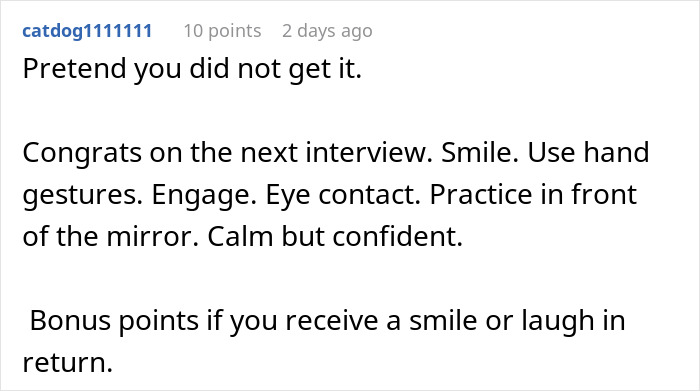 Comment with advice on how a woman should prepare for a second interview after receiving an unexpected invitation email.