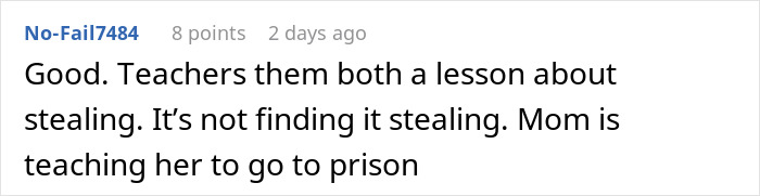 Comment discussing a lesson about stealing from a young girl who attempted to break and steal a fishing pole.