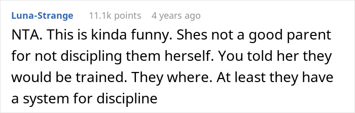 Screenshot of an online comment discussing disciplining kids and training them after being forced to babysit. Screenshot of an online comment discussing disciplining kids and training them after being forced to babysit.