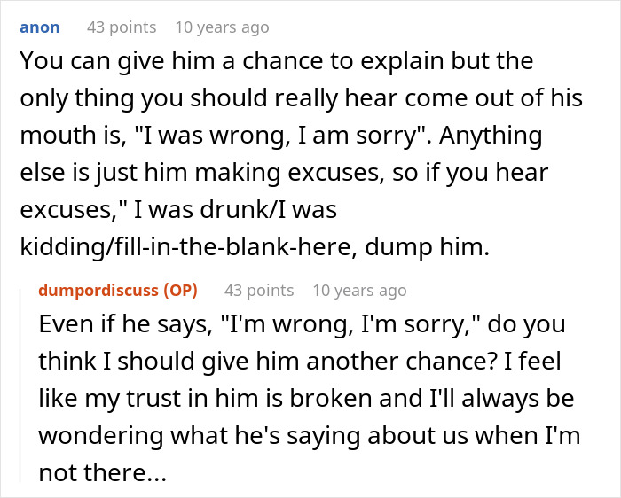 Screenshot of an online discussion where users debate excuses made by a guy pretending to be single at a party.