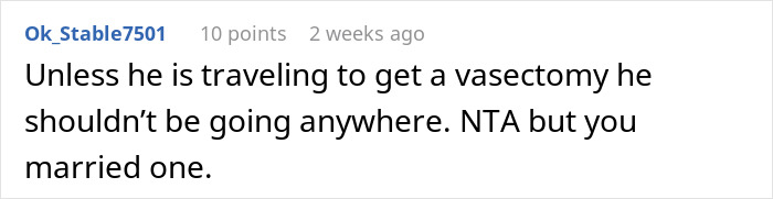 Screenshot of Reddit comment discussing a man asking his wife&rsquo;s permission to travel alone after her scheduled C-section.