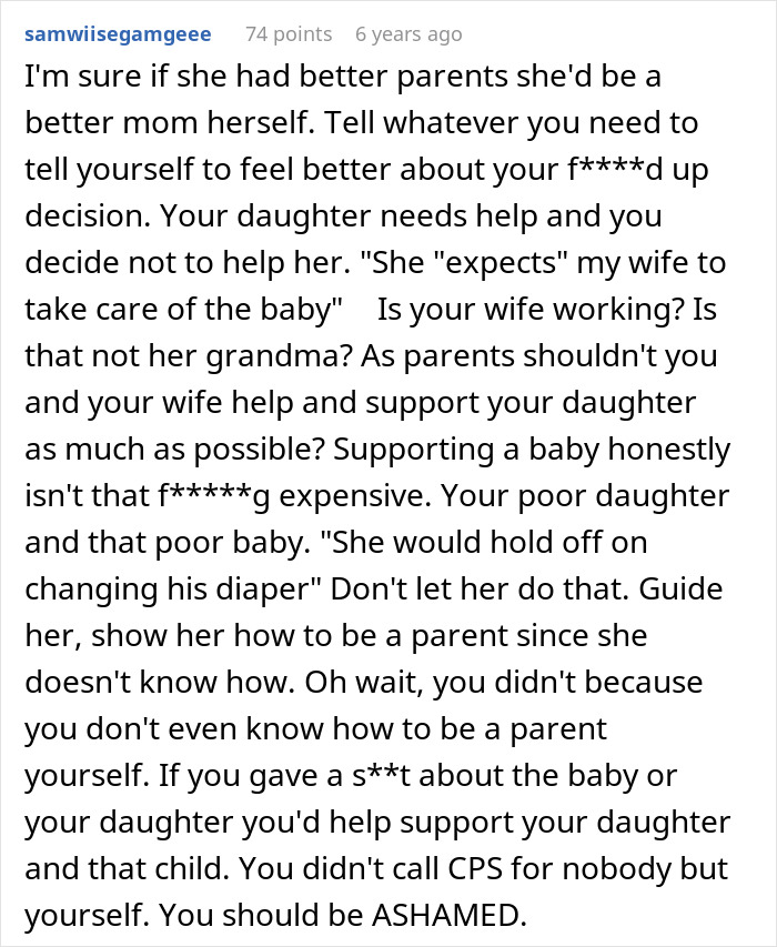 Comment criticizing a father who called CPS on his teen daughter, discussing parenting and support concerns.