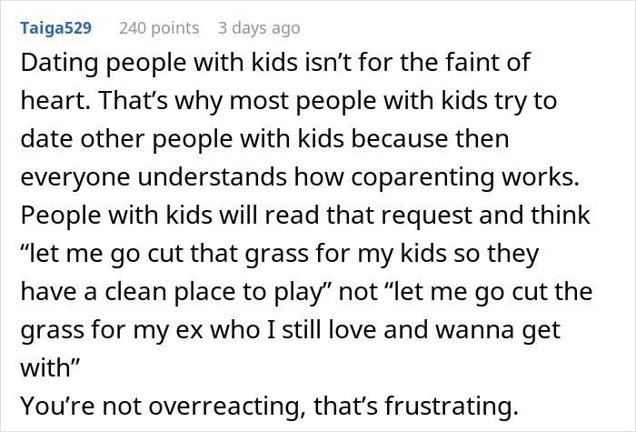 Online post showing a woman upset over her boyfriend agreeing to mow his ex's lawn and him complaining about it. Online post showing a woman upset over her boyfriend agreeing to mow his ex's lawn and him complaining about it.