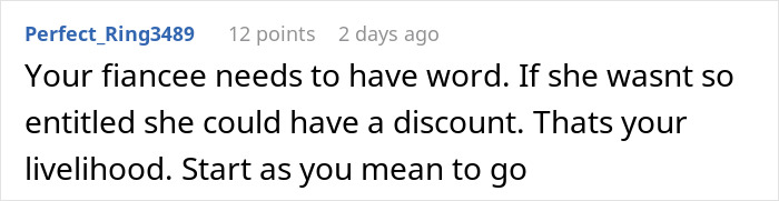 Comment about fiancée entitlement and discount relating to free salon service marriage discussion on forum. Comment about fiancée entitlement and discount relating to free salon service marriage discussion on forum.