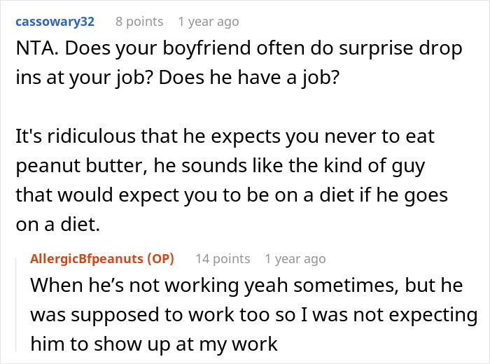 Text conversation about a man upset his girlfriend bought peanut butter cake to eat at work knowing he can&rsquo;t have it.