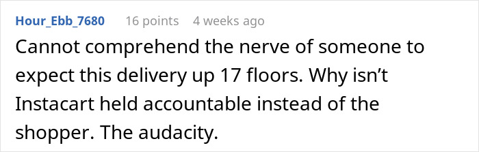 Comment on a forum discussing customer demands for an Instacart shopper to carry water up 17 floors and tip expectations.