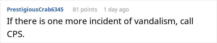 Screenshot of an online comment discussing vandalism related to neighbors fighting over a driveway dispute.