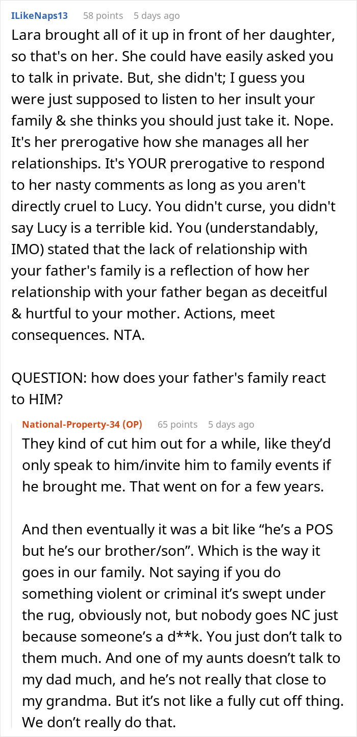 Reddit discussion about a woman explaining the reason her grandparents don&rsquo;t see her due to her dad&rsquo;s affair baby.