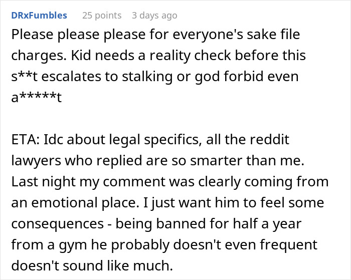 Commenter urges filing charges after lady grabs teen's phone while he takes picture, amid accusations of manhandling incident.