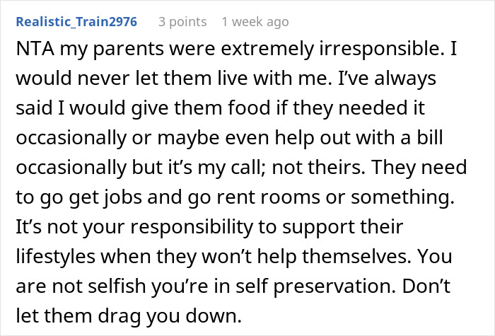 Comment discussing elderly parents expecting daughter to support them after squandering savings on failed business schemes. Comment discussing elderly parents expecting daughter to support them after squandering savings on failed business schemes.